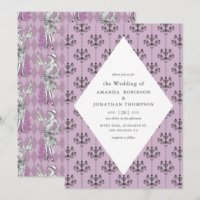 Invitation Mariage calligraphié sur le thème de Paris violet  (Devant / Derrière)