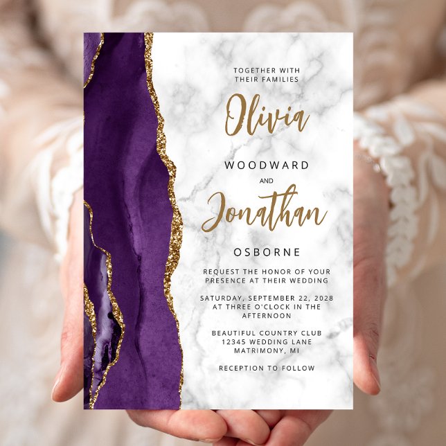Invitation Mariage Calligraphié sur Marbre Agate Or Violet (Créateur téléchargé)