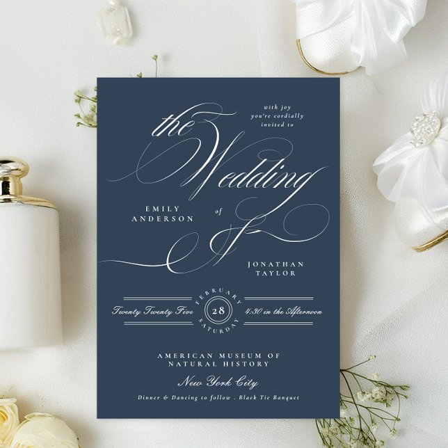 Invitation Mariage Calligraphique Élégant Bleu Nuit de Luxe (Créateur téléchargé)