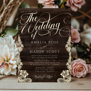 Invitation Mariage Calligraphique Rustique en Lace et Bois