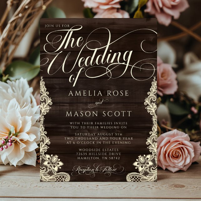 Invitation Mariage Calligraphique Rustique en Lace et Bois (Rustic Lace and Wood Script Calligraphy Wedding Invitation)