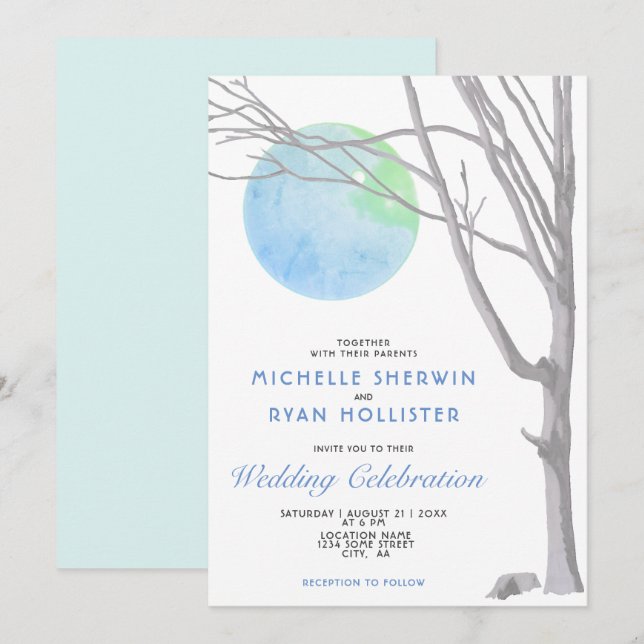 Invitation Mariage Campagnard Arbre Solitaire et Lune Rustiqu (Devant / Derrière)