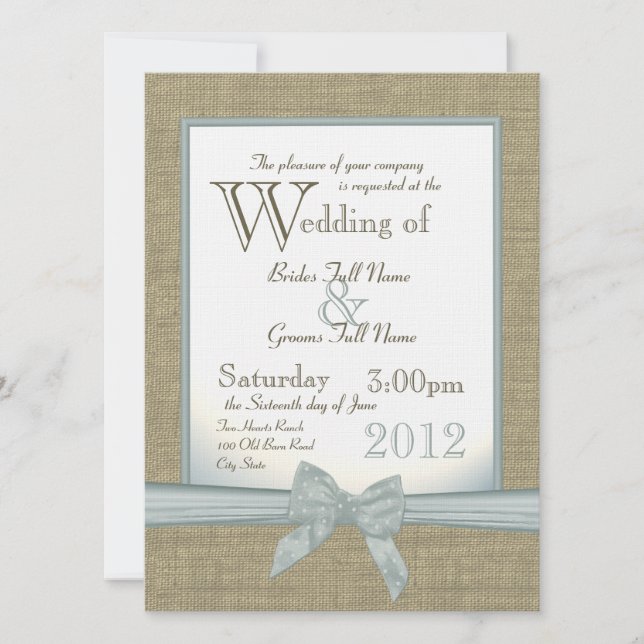 Invitation Mariage campagnard bleu Burlap et Bow (Devant)