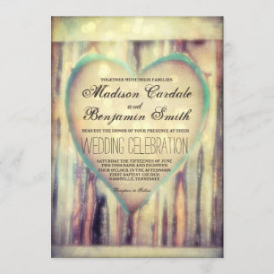 Invitation Mariage campagnard de coeur sculpté en bois rustiq