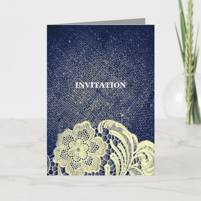Invitation mariage campagnard de dentelle bleu marine rustiqu (Devant)