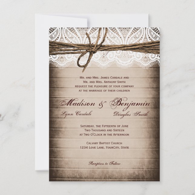 Invitation Mariage campagnard de dentelle en bois rustique (Devant)