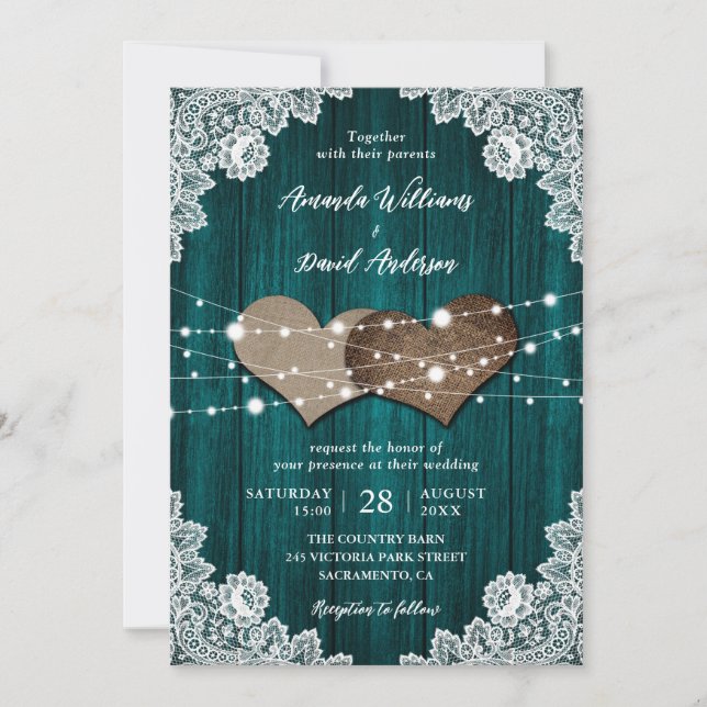 Invitation Mariage campagnard de dentelle fleurie turquoise e (Devant)