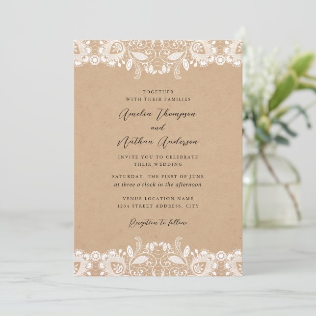 Invitation Mariage Campagnard en Dentelle Blanche (Debout devant)