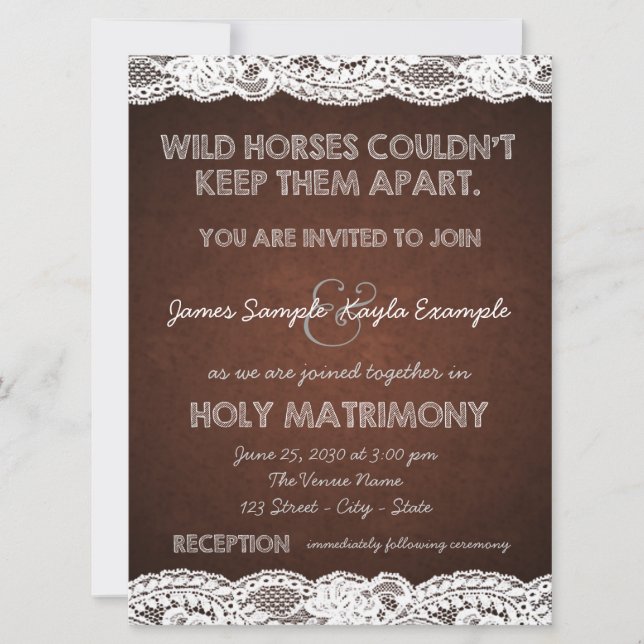 Invitation Mariage campagnard en dentelle Brown et blanche ru (Devant)