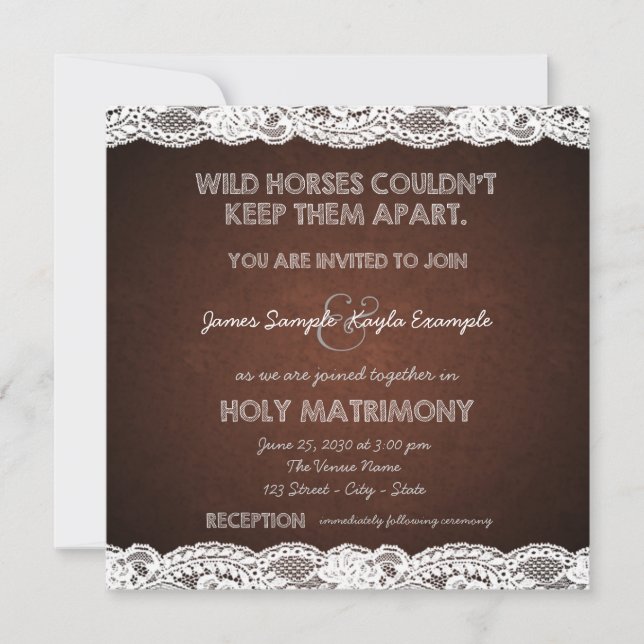 Invitation Mariage campagnard en dentelle Brown et blanche ru (Devant)