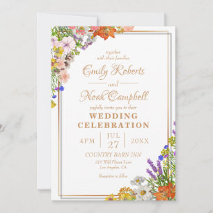 Invitation Mariage campagnard Fleur sauvage couleur or Bordur