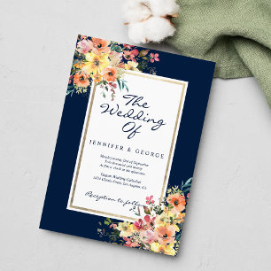 Invitation Mariage campagnard floral bleu marine corail rose 