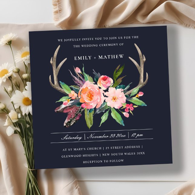Invitation Mariage campagnard FLORAL FUN BOHO NAVY BLUSH ANTL (Créateur téléchargé)