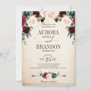 Invitation Mariage campagnard floral rustique de la marine de