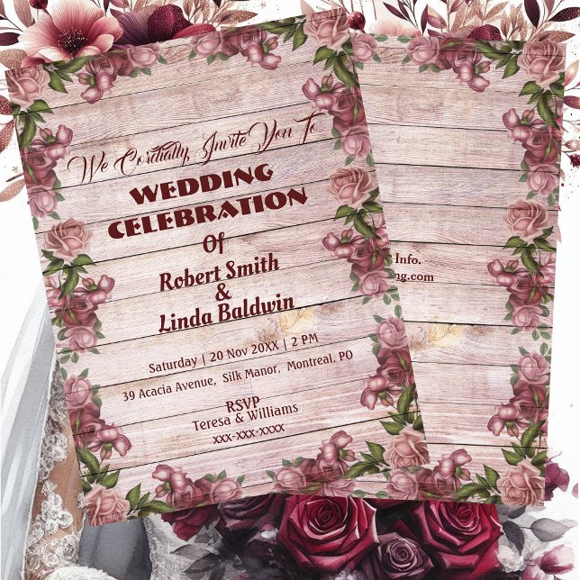 Invitation Mariage campagnard Floral Rustique Rose (Rustic Woodland Roses Floral Country Wedding Invitation)