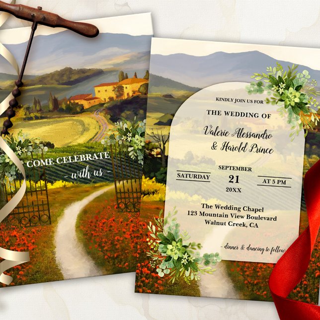 Invitation Mariage campagnard italien moderne Boho (Modern romantic wedding invitation featuring an Italian landscape painting with watercolor flowers)