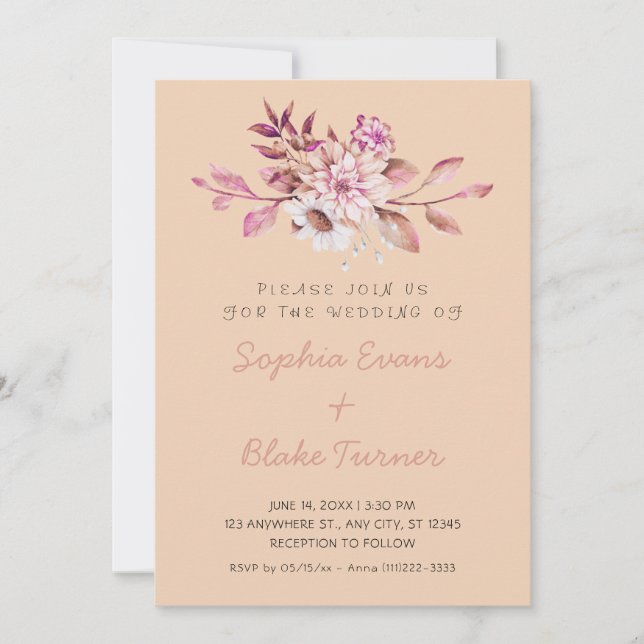 Invitation Mariage Campagnard Moderne Fleurs Douces Brun Clai (Devant)