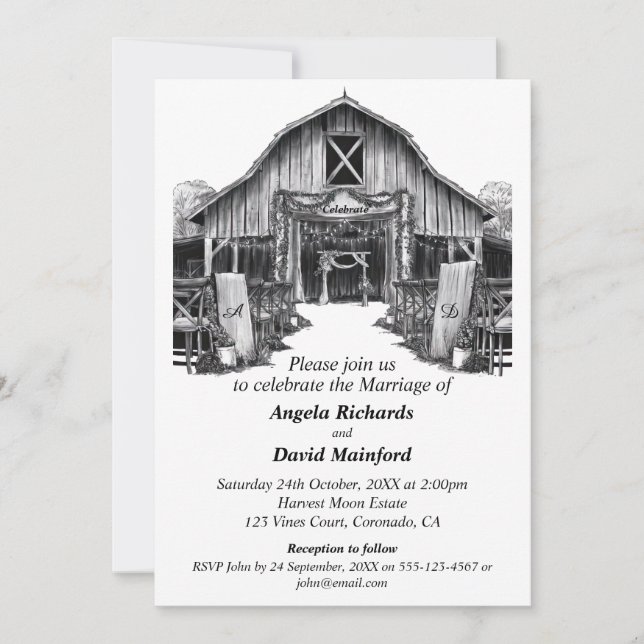 Invitation Mariage campagnard noir et blanc (Devant)