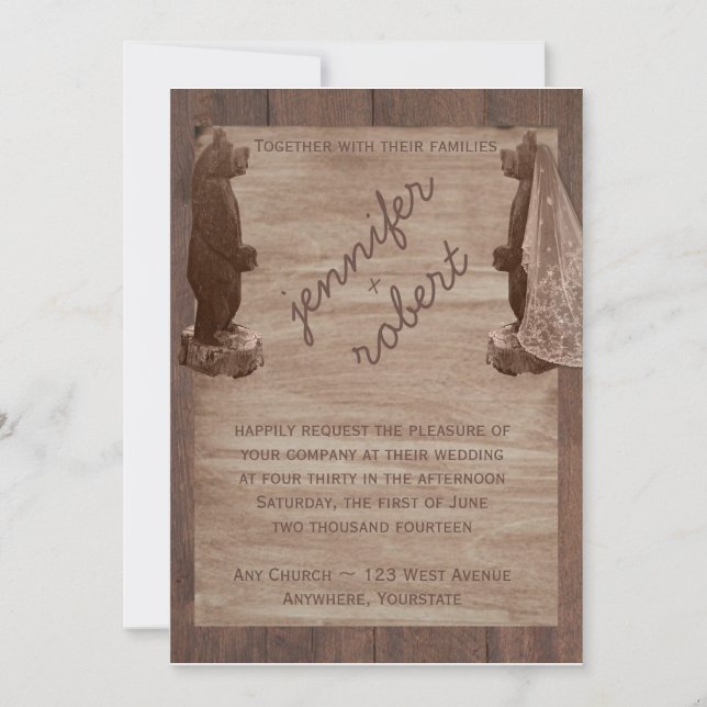 Invitation Mariage campagnard Ours en bois de grange Invitati (Devant)