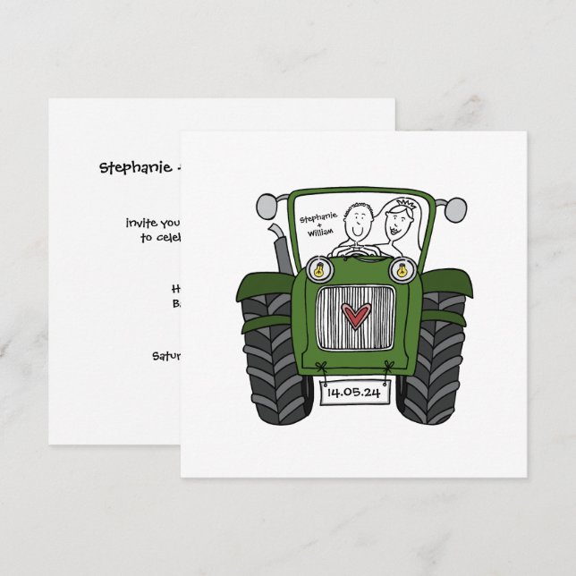 Invitation Mariage campagnard personnalisé Green Tractor Soir (Devant / Derrière)