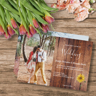Invitation Mariage campagnard photo de tournesol en bois de g