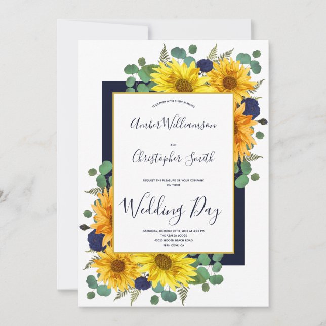 Invitation Mariage campagnard Rose Russe Sunflower Navy (Devant)