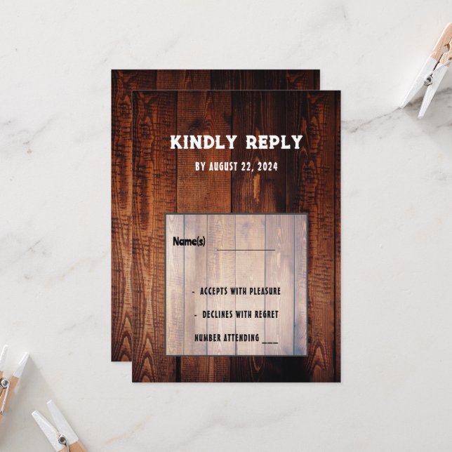 Invitation Mariage campagnard rural rustique en bois de grang (Devant/Arrière en situation)