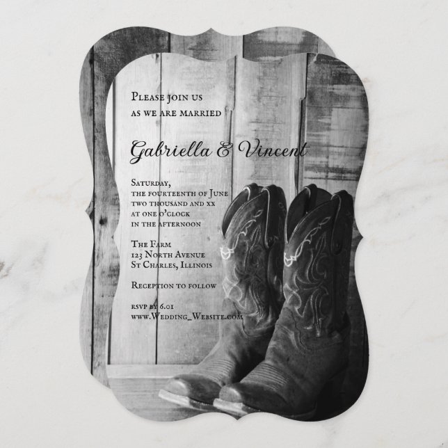 Invitation Mariage campagnard Rustique Boots Cowboy (Devant / Derrière)