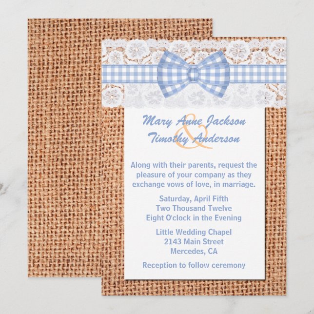 Invitation Mariage campagnard Rustique Burlap & Lace (Devant / Derrière)