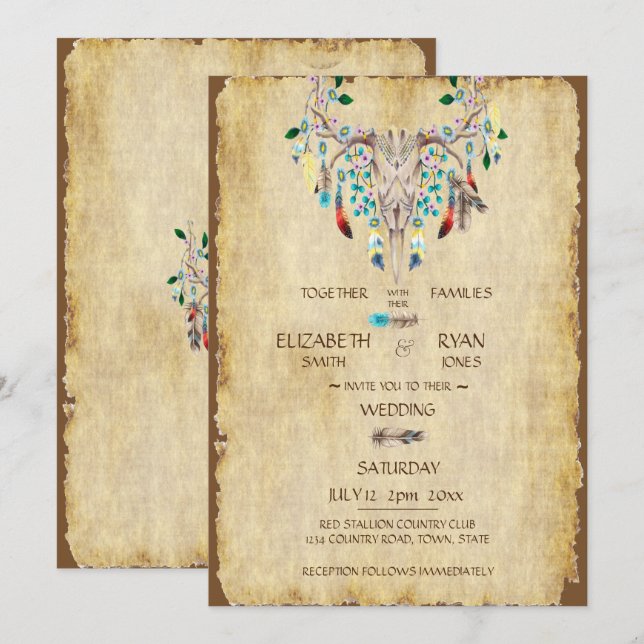 Invitation Mariage Campagnard Rustique, Crâne de Cerf, Plumes (Devant / Derrière)