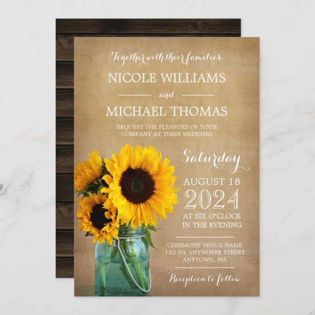 Invitation Mariage campagnard rustique de tournesol Mason Jar (Devant / Derrière)