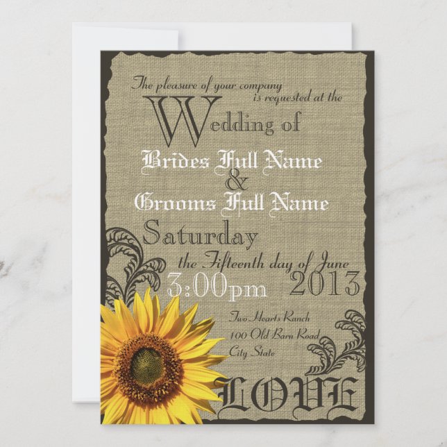 Invitation Mariage campagnard rustique du tournesol occidenta (Devant)