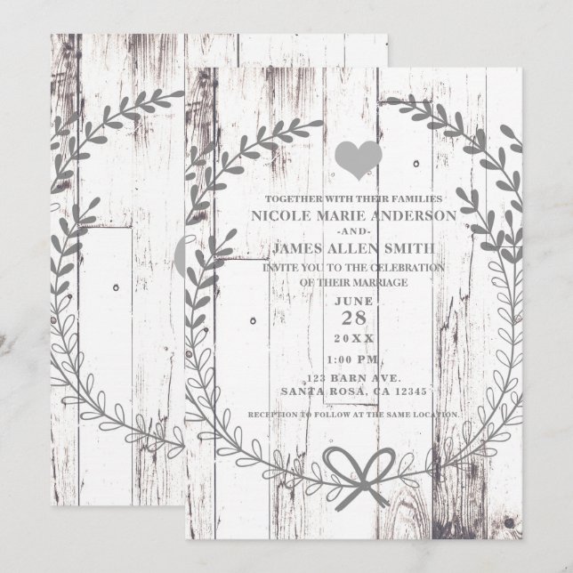 Invitation Mariage Campagnard Rustique en Bois Blanc de Style (Devant / Derrière)