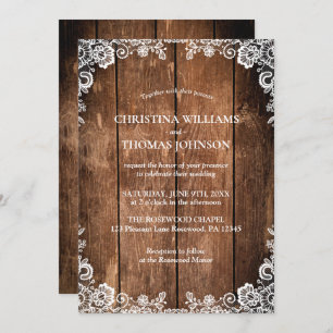 Invitation Mariage campagnard rustique en bois et dentelle