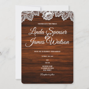 Invitation Mariage campagnard rustique en bois et dentelle In