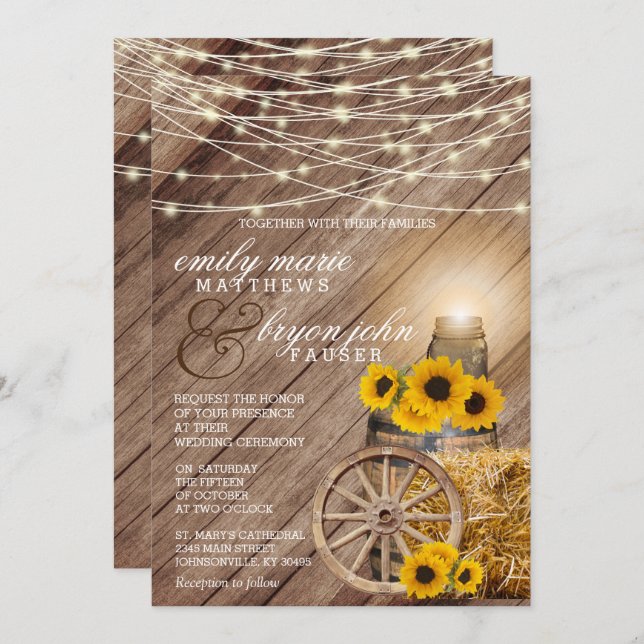 Invitation Mariage campagnard rustique et tournesols (Devant / Derrière)