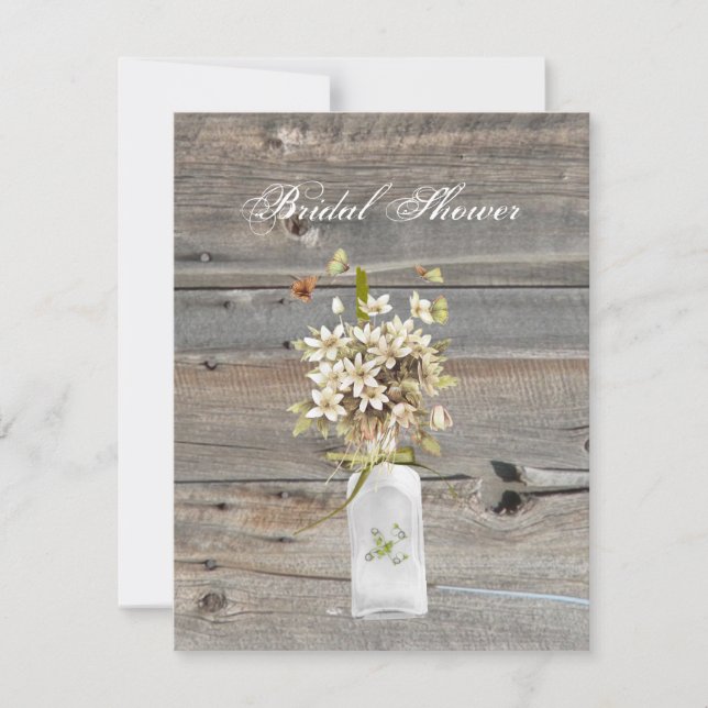 Invitation mariage campagnard rustique grange bois fleur sauv (Devant)
