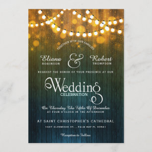Invitation Mariage campagnard rustique lumières à cordes boke