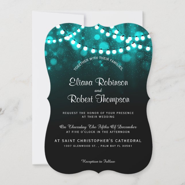 Invitation Mariage campagnard rustique lumières turquoise (Devant)