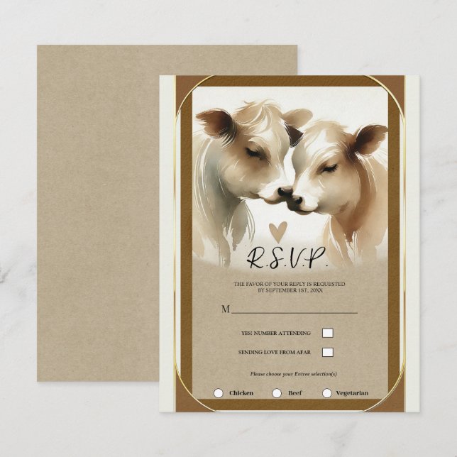Invitation Mariage Campagne Crème Marron Amour Vache RSVP (Devant / Derrière)