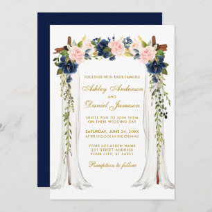 Invitation Mariage Canopy Aquarelle Bleu rose Floral Or