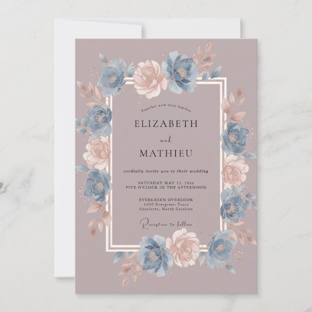 Invitation Mariage Caprice de Fleur Bleu Poussiéreux (Devant)