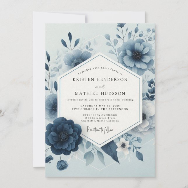 Invitation Mariage Caprice Fleur Bleu Ardoise (Devant)