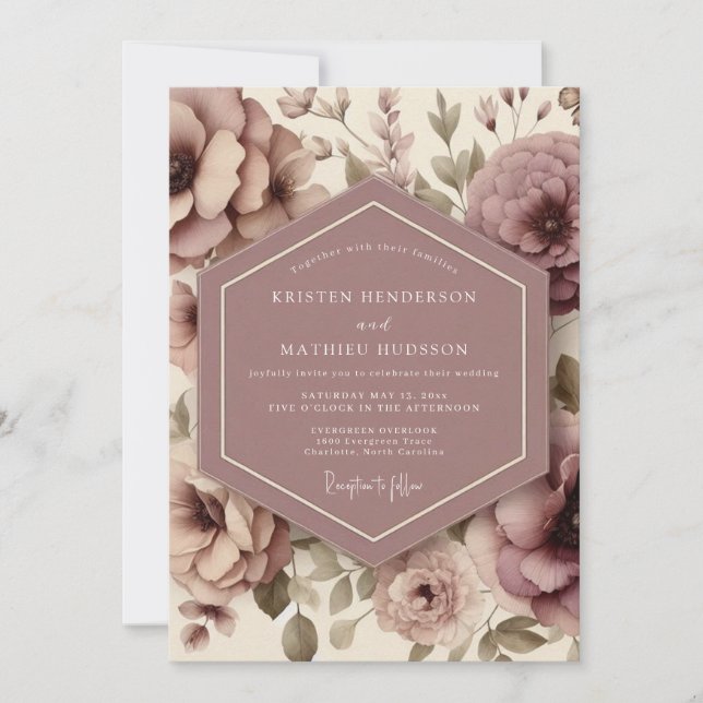 Invitation Mariage Caprice Fleur de Rose Poussiéreuse (Devant)