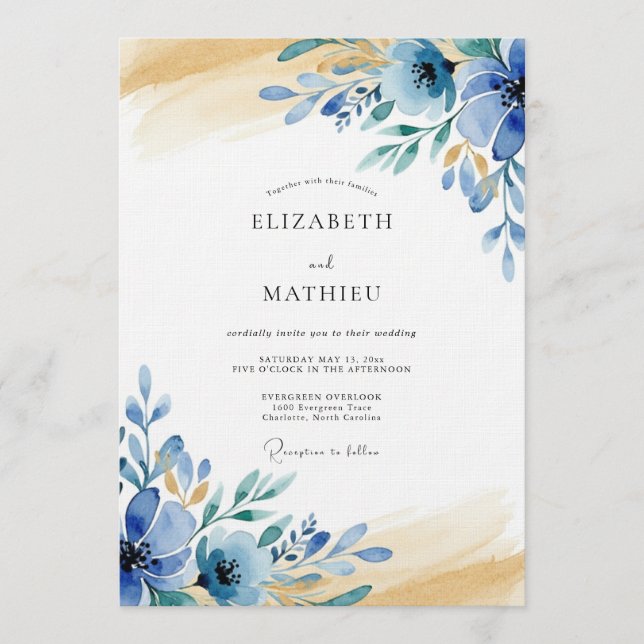 Invitation Mariage Caprice Floral Texturé Bleu (Devant)