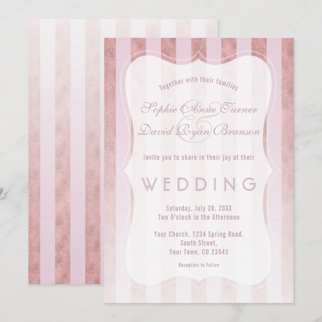 Invitation Mariage Caprice Rose Pâle et Or avec Rayures (Devant / Derrière)