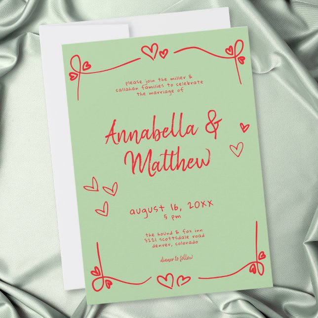 Invitation Mariage Capriceux à la Main Cœur Vert Rouge  (Green Red Hand Drawn Heart Whimsical Wedding Invitation)