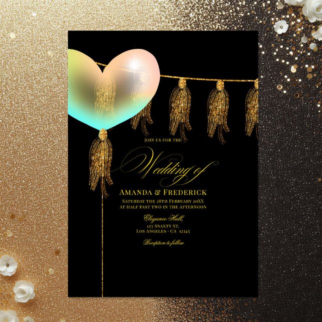 Invitation Mariage cardiaque Black et Gold Iridescente (Black and Gold Iridescent Heart Wedding Invitation)
