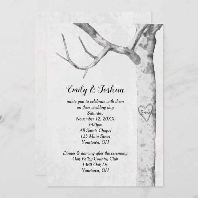 Invitation Mariage cardiaque de Birch Tree (Devant / Derrière)