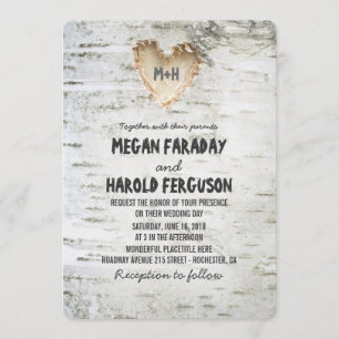 Invitation Mariage cardiaque de l'écorce de bouleau rustique